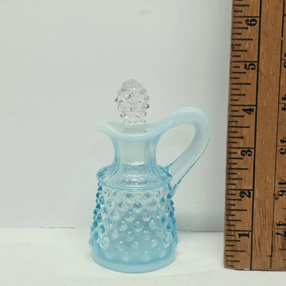 Vintage Fenton Art Glass Blue Opalescent Hobnail Cruet Bottle With Stopper